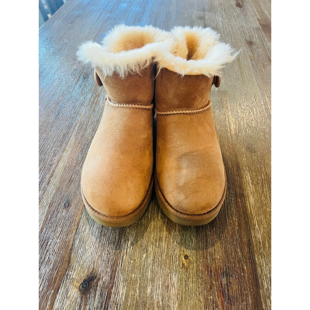 UGG Mini Bailey Button II Chestnut Suede Sheepskin Ankle Boots 1016422